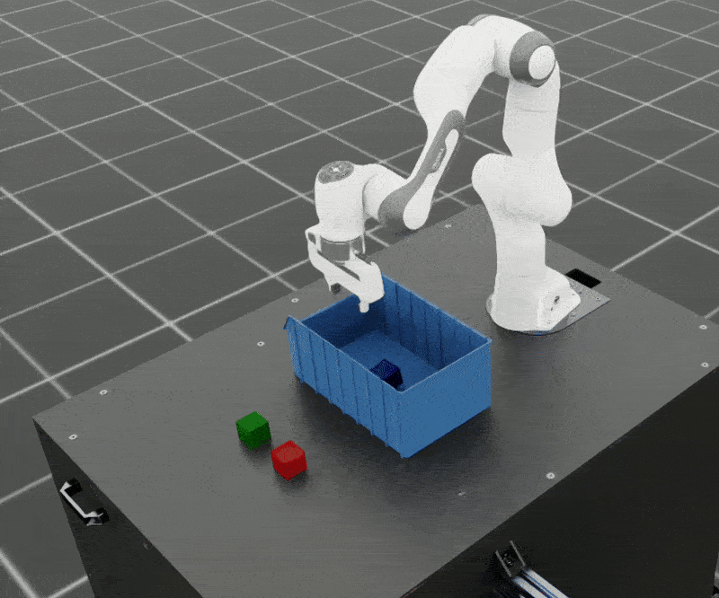 Adaptive bin cube stacking task generated with SkillGen